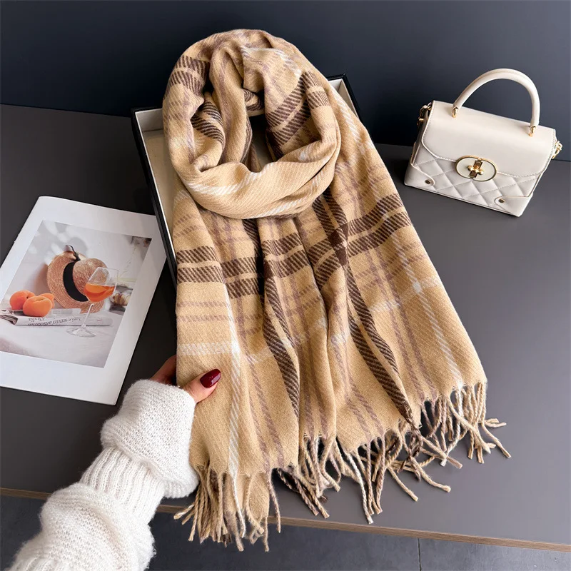 Luxury Plaid Scarf Print Hijab Shawl Bandana Cashmere Pashmina Wrap Women's Head Wrap Neckerchief Female Tassel Winter Headwear