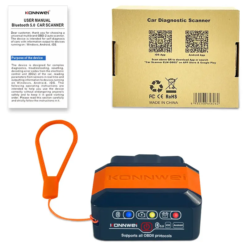 KONNWEI KW905 OBD2 ELM327 V1.5 บลูทูธ 5.0 เครื่องสแกนเนอร์สําหรับ Android/IOS ELM 327 OBD 2 เครื่องมือวินิจฉัยรถยนต์รหัส Reader