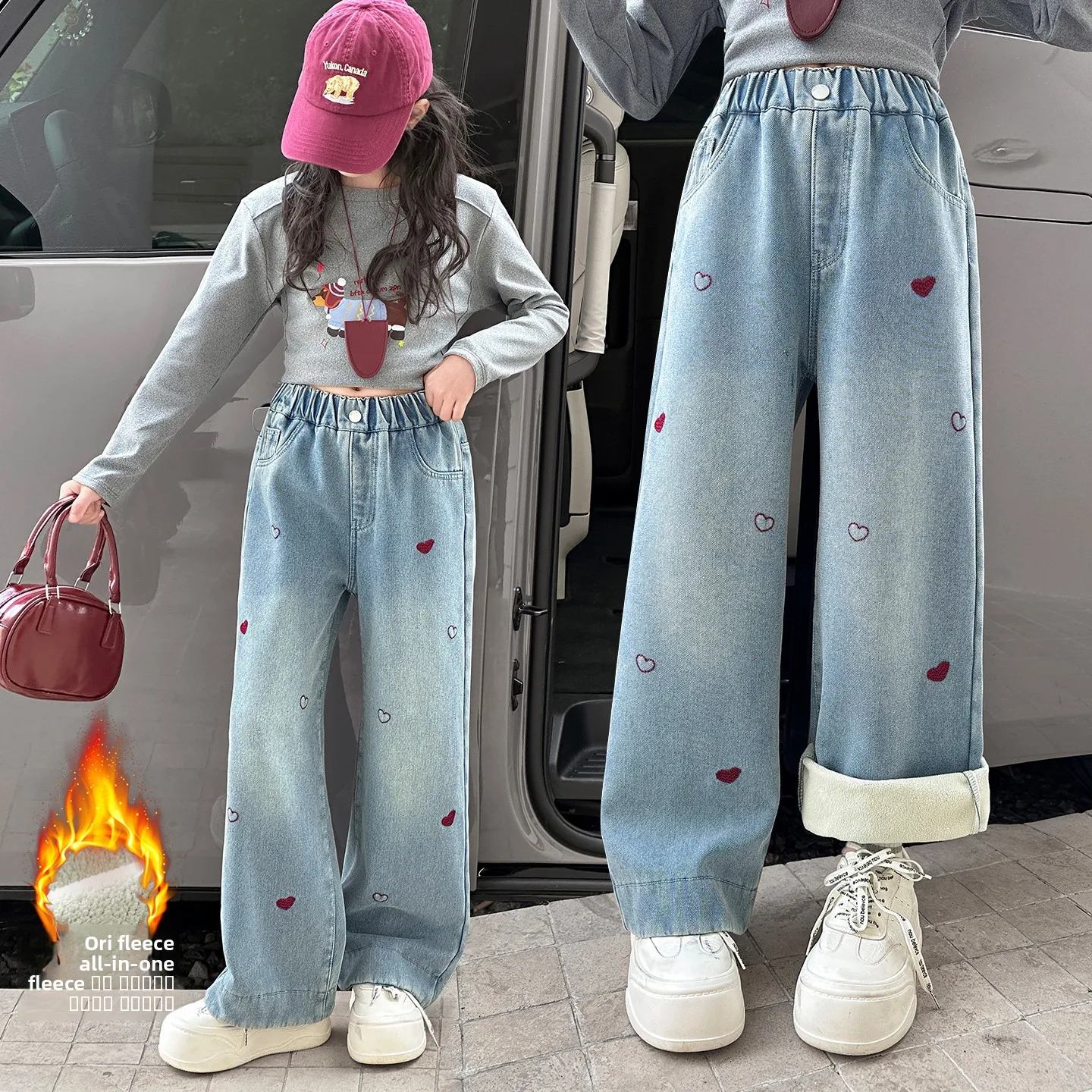 Pantaloni a Gamba Larga Ricamati per Ragazze Thiened Fce, Jeans Casual alla Moda Invernali per Ragazze dai 6 ai 12 Anni