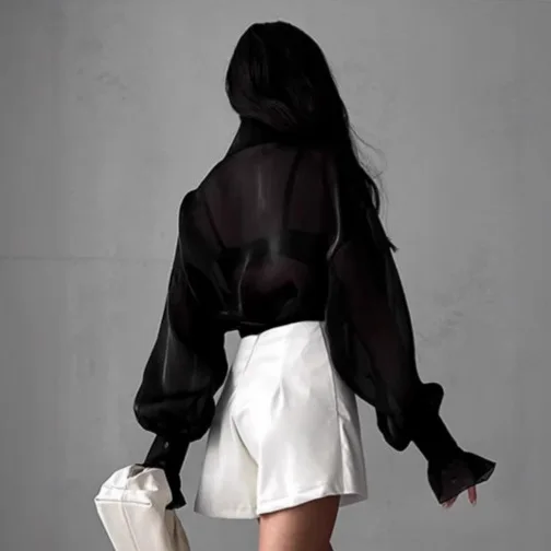 Sexy Gauze See-though Blouses Women Lantern Sleeve Elegant Turn Down Collar Shirt Summer Loose Casual Sunscreen Shirt