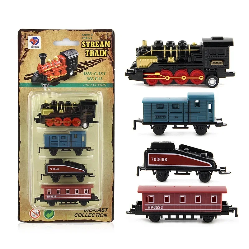 Diecast 1:60 liga carro de brinquedo veículos retro trem a vapor carrinho de brinquedo puxar para trás modelo trem crianças brinquedos conjunto para meninos presentes