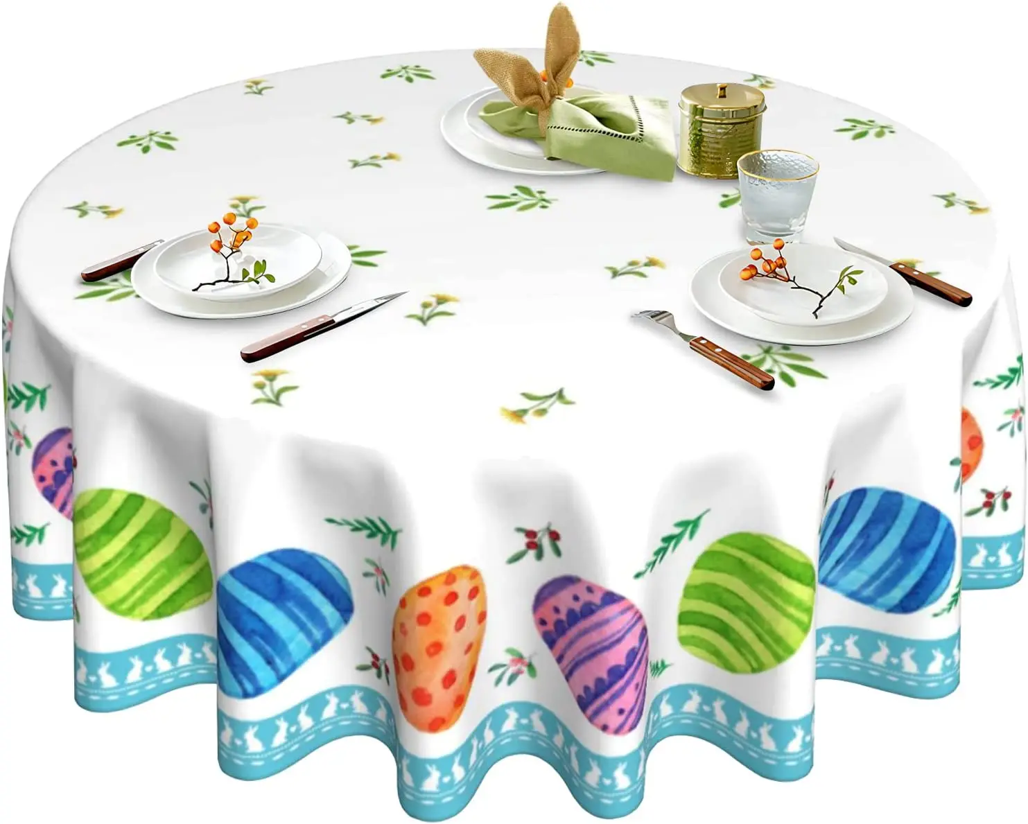 Easter Eggs Round Tablecloth Happy Easter Flowers Table Cloth 60 inch Indoor or Outdoor Holiday Spring Table for Dinner