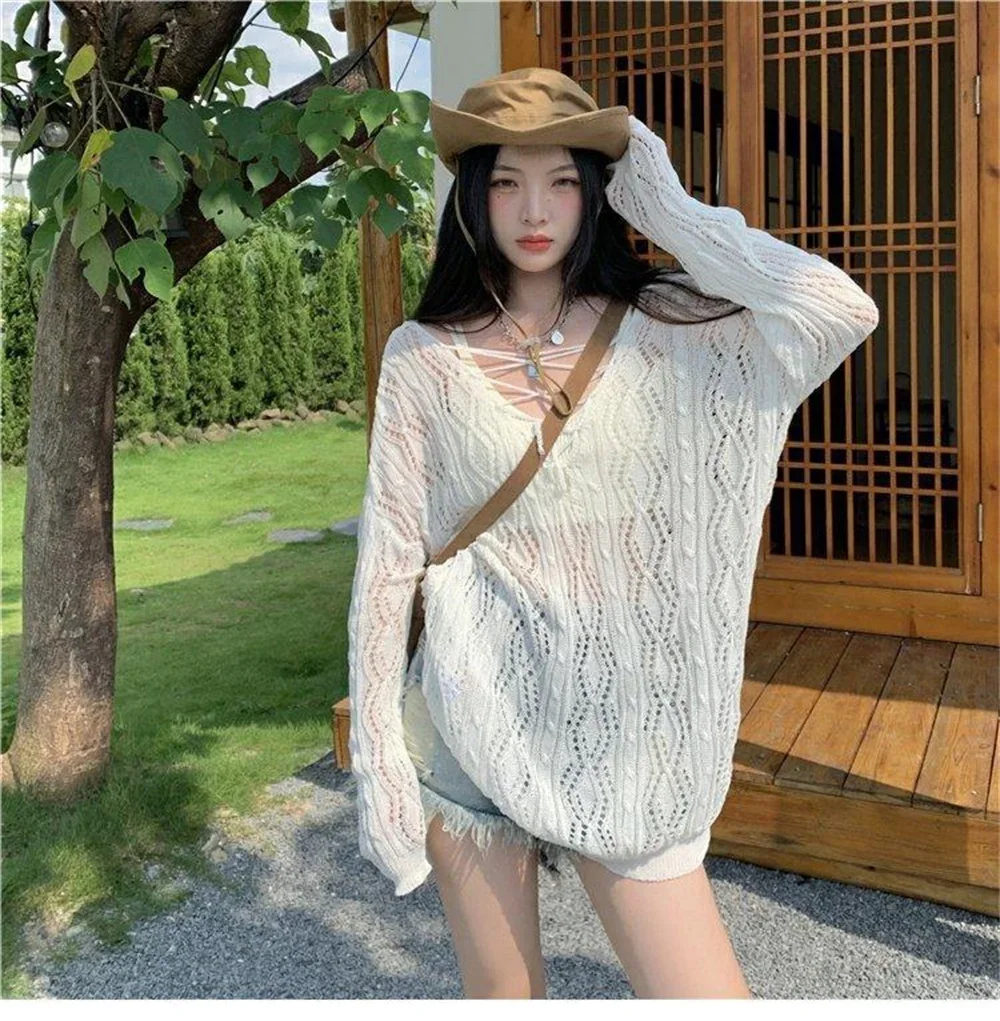 2024 Girl Hole Lazy Style Full Sleeves Jumpers Tops Hollow Out Sexy Women Fashion Casual Streetwear Femme Sweaters Pullovers