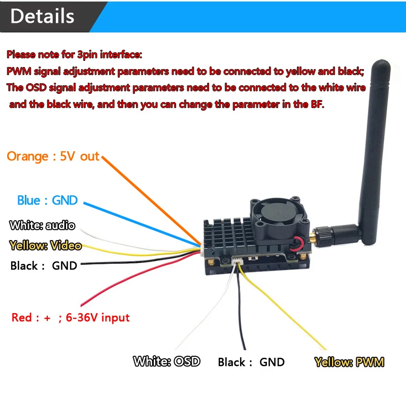 Duża odległość ponad 2Km zasięg 5.8Ghz 2W 2000mW FPV bezprzewodowy nadajnik 40CH z radiatorem i wentylatorem do zdalnie sterowany Quadcopter samolotu