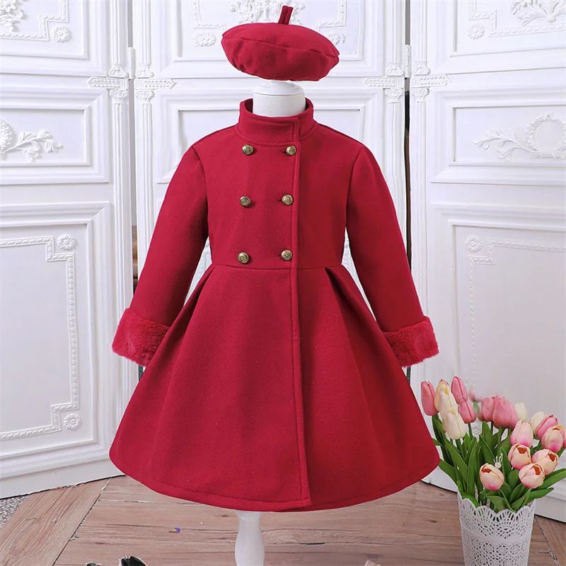 2026 Children Fashion Solid Overcoat Kids Winter Warm Plush Sleeve Double Breasted Outerwear Girls Medium Style Versatile Jacket