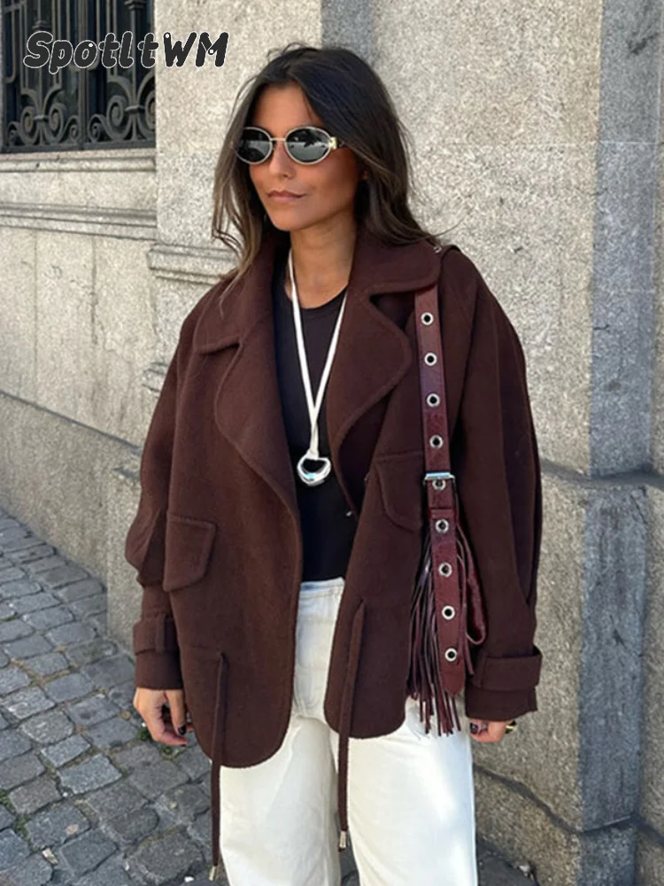 Women Chic Solid Double-breasted Jacket Vintage Lapel Fake Pocket Long Sleeve Cropped Coat Female 2024 New Autumn Street Outwear