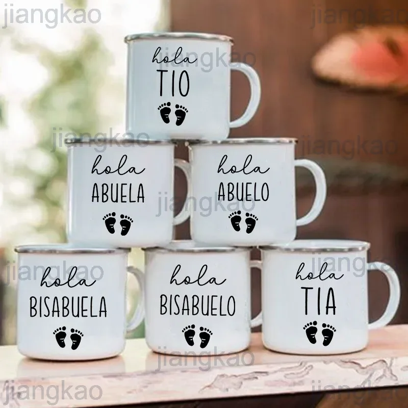 Hola Abuela & Abuelo Print Enamel Mug Drink Milk Coffee Cup Pregnancy Announcement Mugs Best Idea Gift for Abuela/Abuelo/Tia/Tio