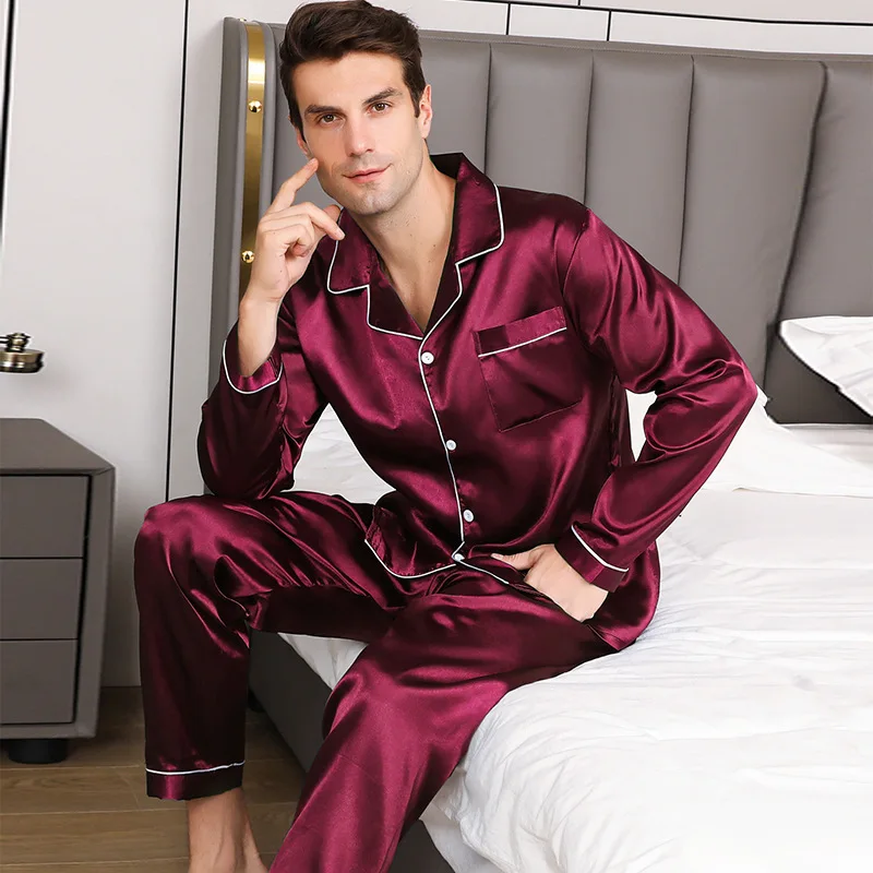 Men\'s Pajamas Suit Summer Ice Silk Sleepwear Sheer Thin Long-Sleeved Loose Large Size Loungewear Suit Silky Satin Nightwear