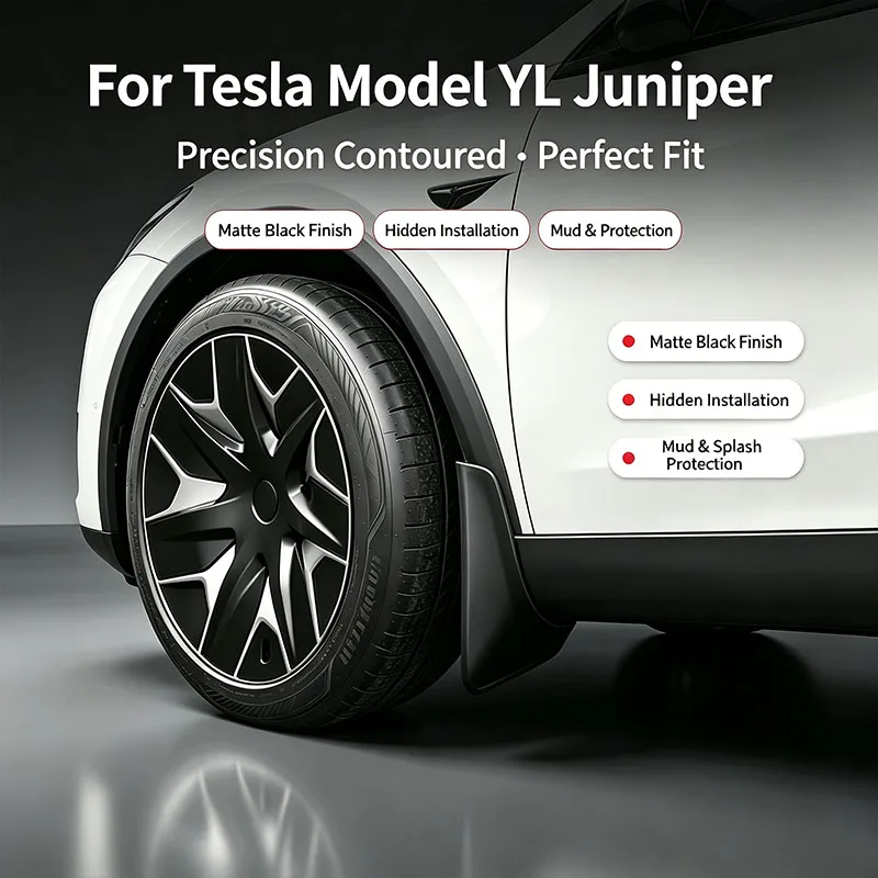 Hidden Mud Flaps for Tesla Model YL Juniper, No Drilling, Matte Black Wheel Splash Guards, Exterior Protective Accessories