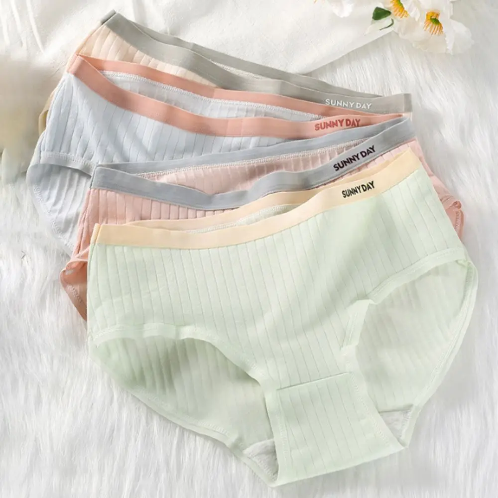 

4Pcs Fashion Cotton Crotch Simple Briefs Letter Candy Color Underwear for Women Mid Waist Panties Stripe Underpants Girl