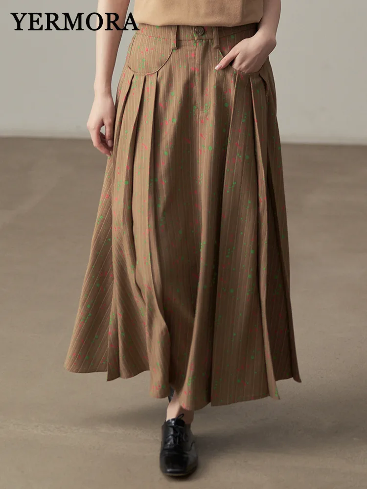 YERMORA High Elastic Waist Khaki Pleated Splash-ink Half Body Skirt For Women Loose Fashion Tide Spring Summer 2025 New A334