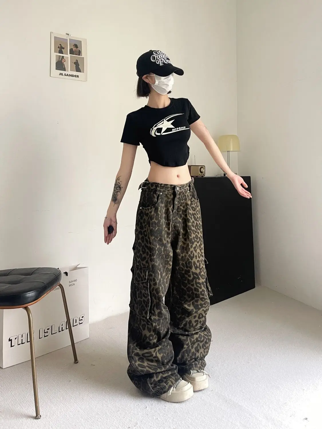Unisex Jeans 2025 Autumn Retro Leopard Print Cargo Pants Women's Niche Design High Waist Wide Leg Loose Casual Trousers