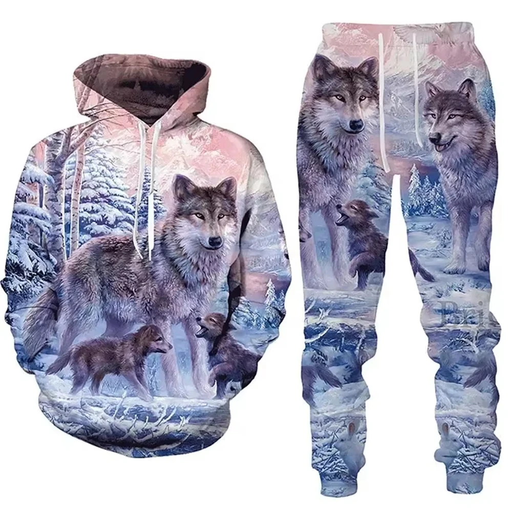 Animal Beast Tiger 3D Print Men Hoodies Suit Lion Wolf Tracksuit Pants Streetwear Autumn and Winter Pullover Men Casual Oversize