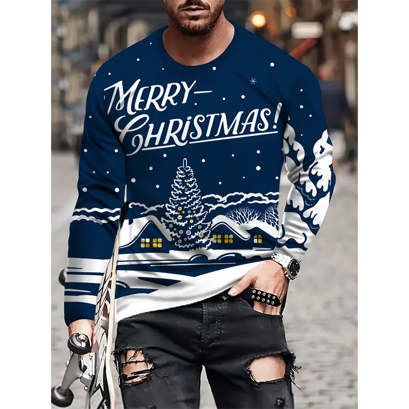 Christmas Theme Pattern T-Shirt For Men Santa Claus 3D Printed T Shirts Autumn Casual Loose O-Neck Tops Tees Long Sleeves