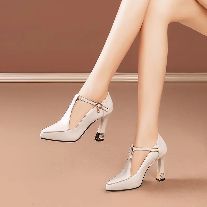 

SIZE 34-43 9.5CM Buckle Strap Pumps Sexy Thin Heels Beautiful Women's Shoes T-tied Pointed Toe Pumps Leather Fashion Work Shoes