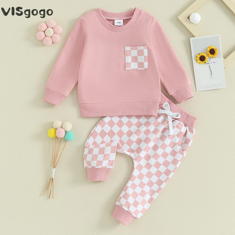 

VISgogo 2pcs Toddler Baby Spring Clothes Set Long Sleeve Crew Neck Sweatshirt Tops with Plaid Sweatpants Outfit for Girls Boys