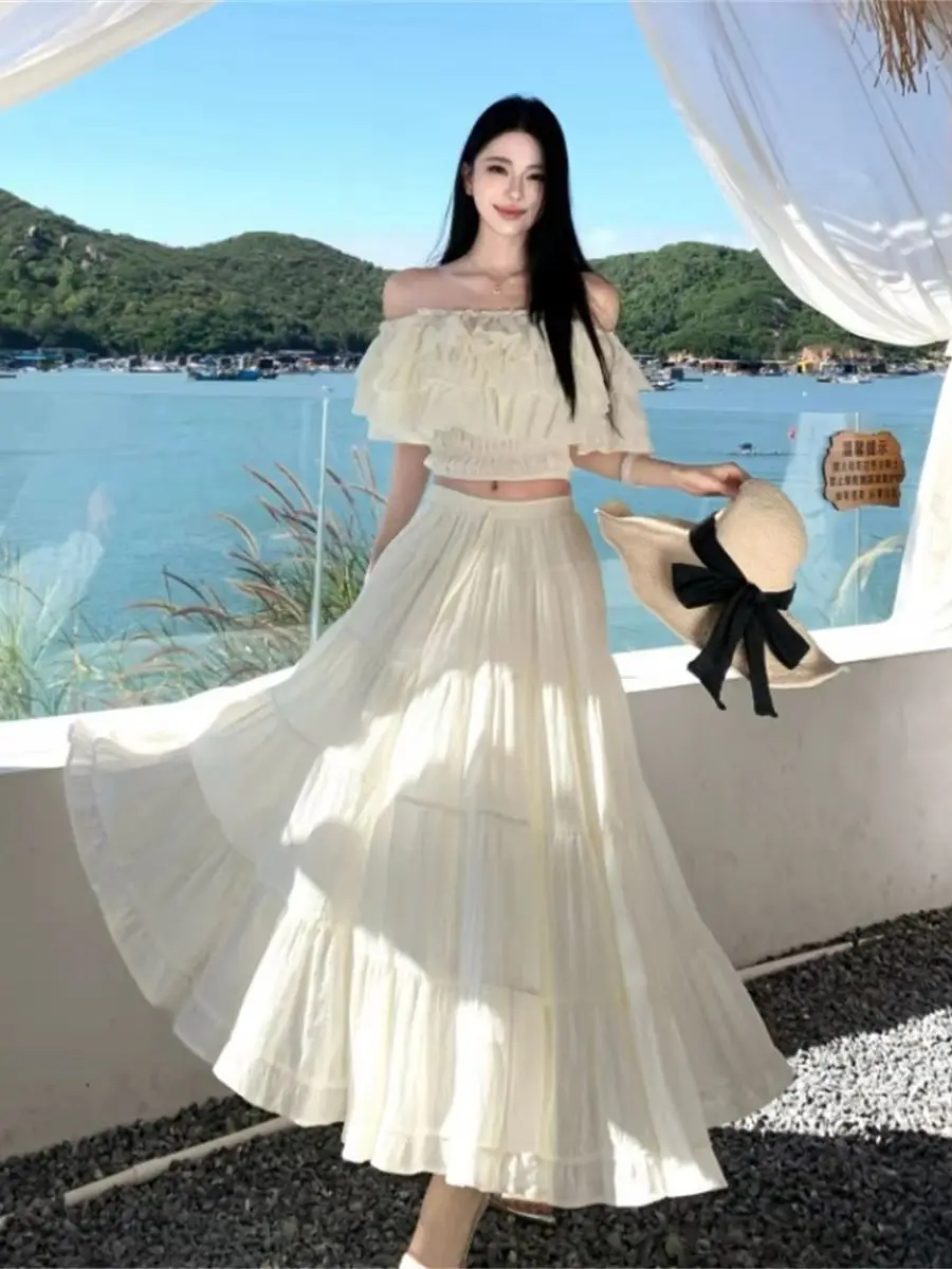 

Bohemian Solid Two Piece Sets for Women Sexy Off Shoulder Short Sleeve Cropped Top and Ruffles Splice Long Skirt Suits Female