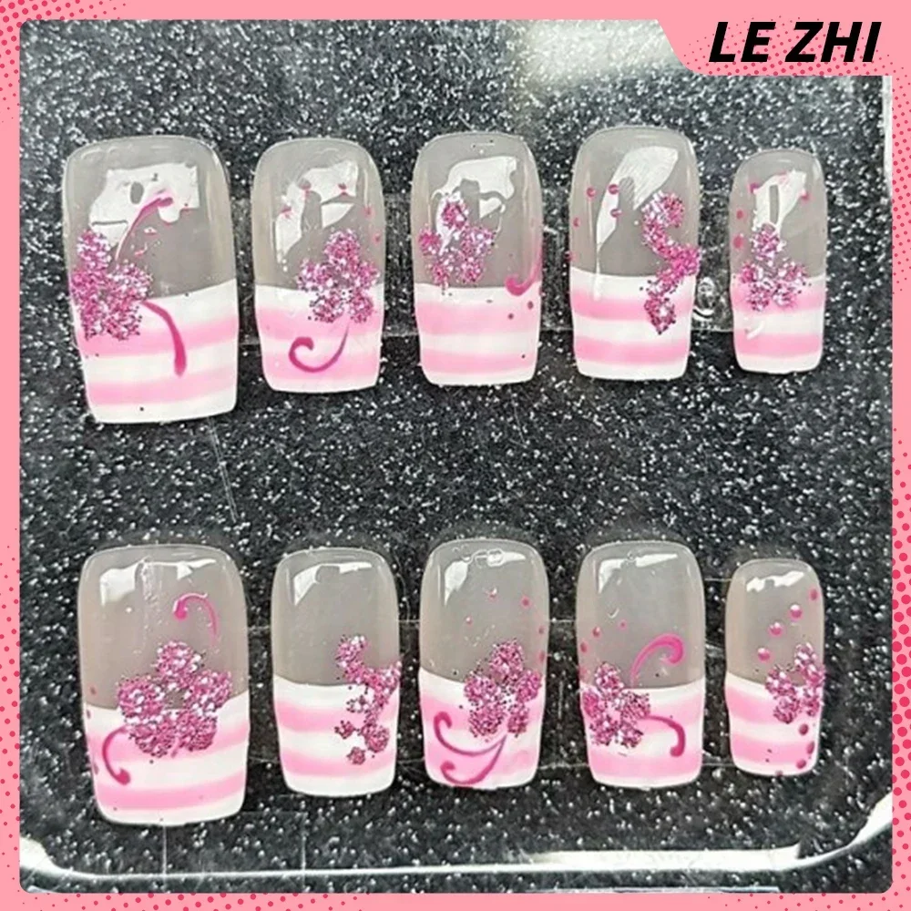 Y2K Cartoon Rilakkuma Handmade Square Ellipse Press On Nails Flowers Four-Leaf Clover Notes Diamond Bowknot Nail Party Sticker