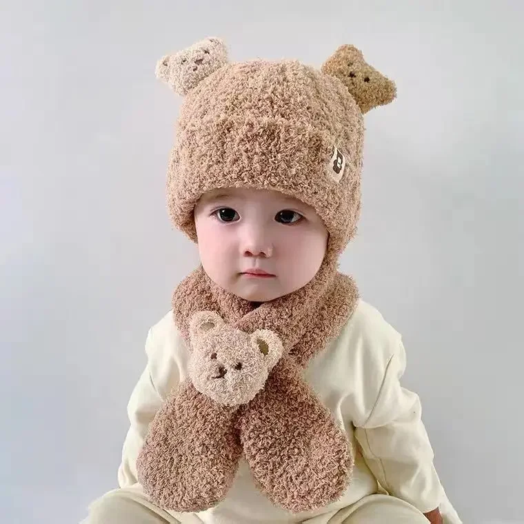 2pcs Set Winter Baby Hats and Scarf Cute Bear Thickened Warm Hats for Boys and Girls Windproof Fleece Kids Baby Beanie