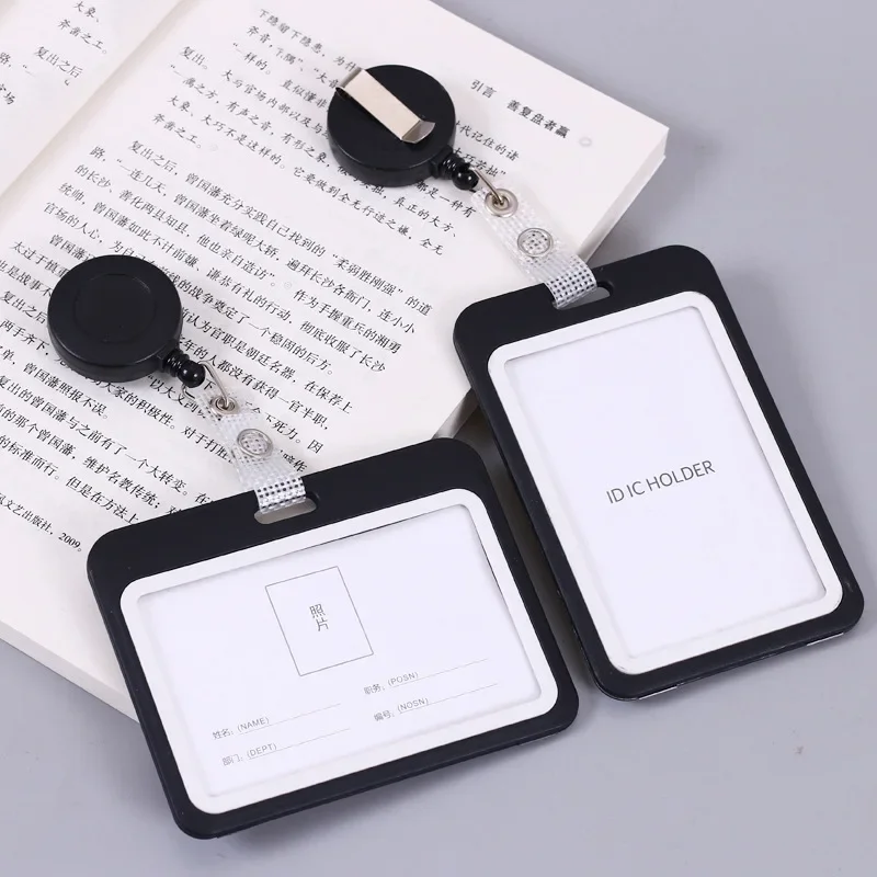 Employee's Staff Work Card Cover Black White ID Name Badge Credit Card Holder with Retractable Badge Reel Pass Bus Card Sleeve