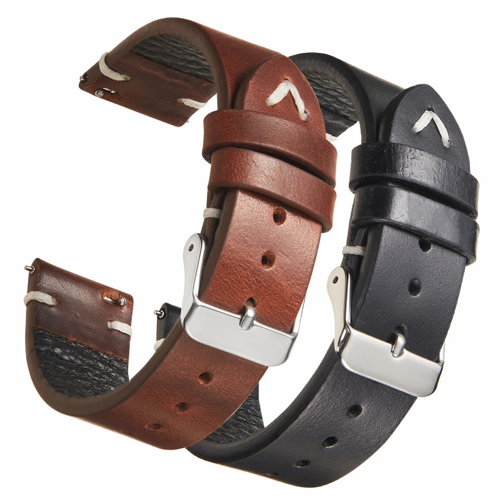 Vintage Genuine Oil Wax Leather Watch Strap 18mm 19mm 20mm 22mm Width for Seiko Samsung Galaxy Watch Band Men's Bracelet