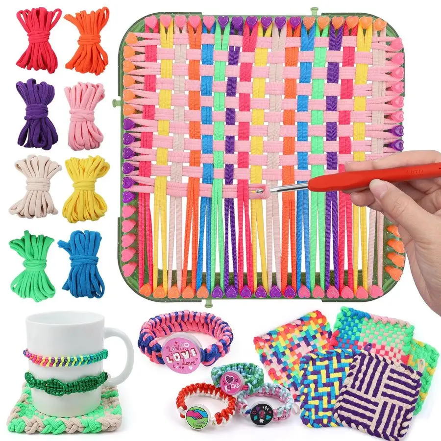 

Weaving Loom Kit Toys for Kids, DIY Crafts Projects of 6 Potholders and 10 Friendship Bracelets, 2in1 Square Buildable Loom Knit