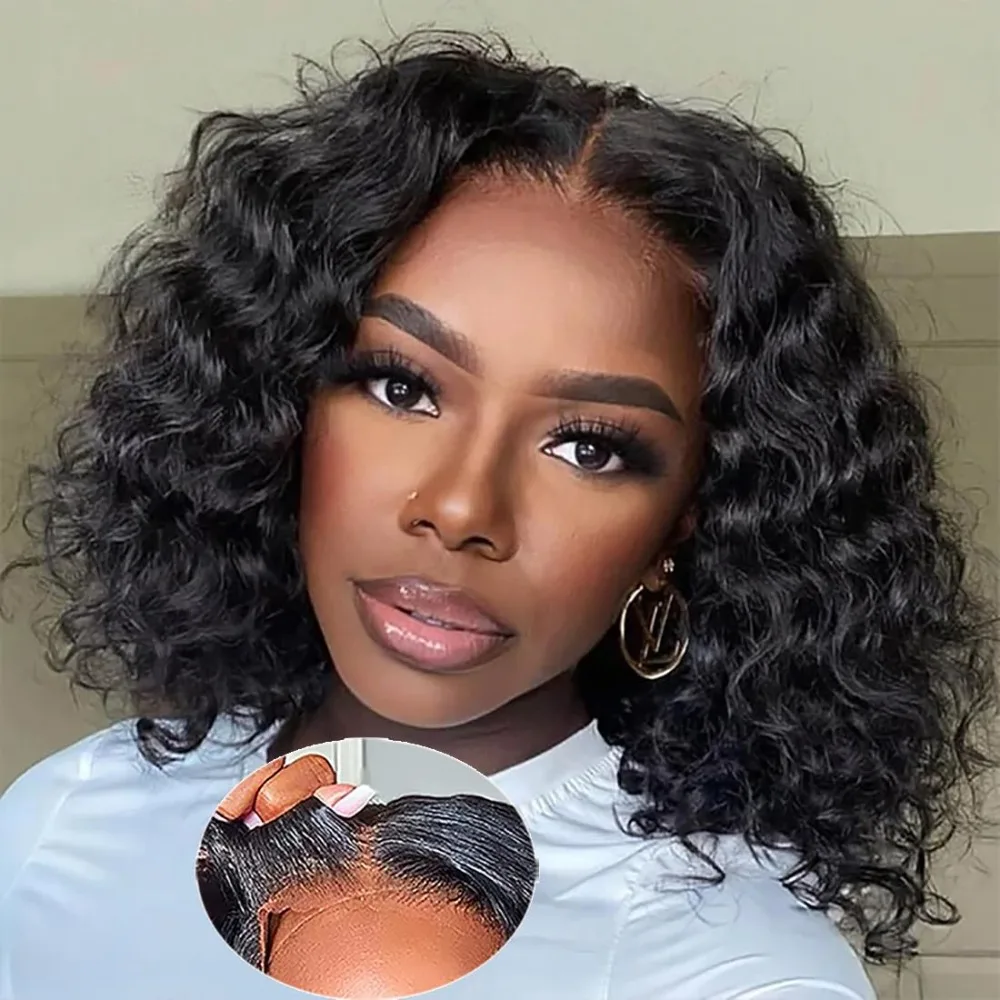 Wear and Go Glueless Wigs Human Hair,Pre Plucked Deep Wave Bob Wig ,Lace Front Wigs Pre Cut 4x4 Lace Closure Glueless Wigs