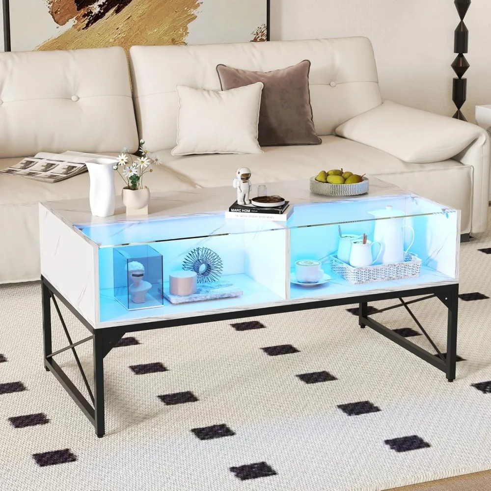 LED Coffee Table with Storage Cubes, High Gloss Faux Marble & Tempered Glass Top, Adjustable Lighting, Modern Living Room Furnit