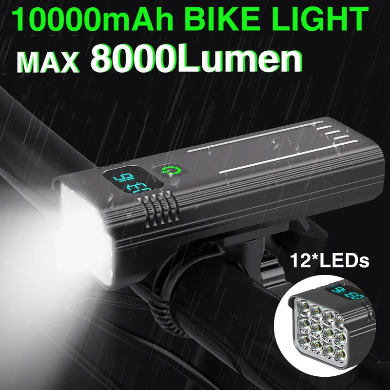 12 LED Bike Light 8000 Lumens USB Chargeable Aluminum MTB Bicycle Light 10000mAh Power Bank Headlight Cycling Accessories