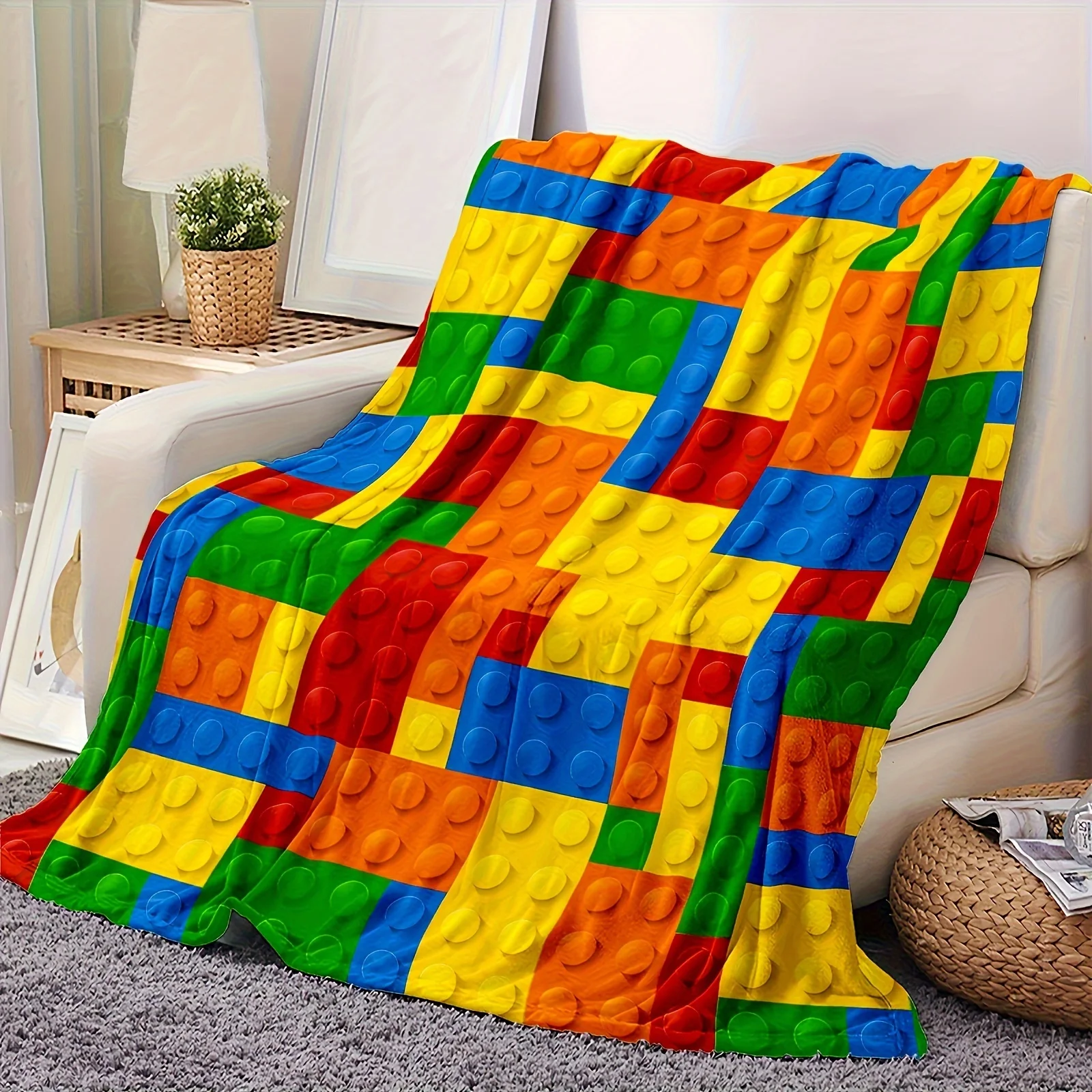 Bohemian Square Block Print Flannel Blanket - Tear-Resistant All-Season | Cozy | Couch/Office/Travel/Sofa