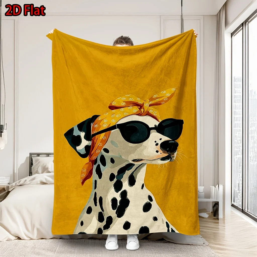 Cute Dog Portrait Blanket Throw Yellow Home Decor Pet Lover Gift Dalmatian Design Couch Fleece Sofa Throw Sheet Fun Pop Art Dog