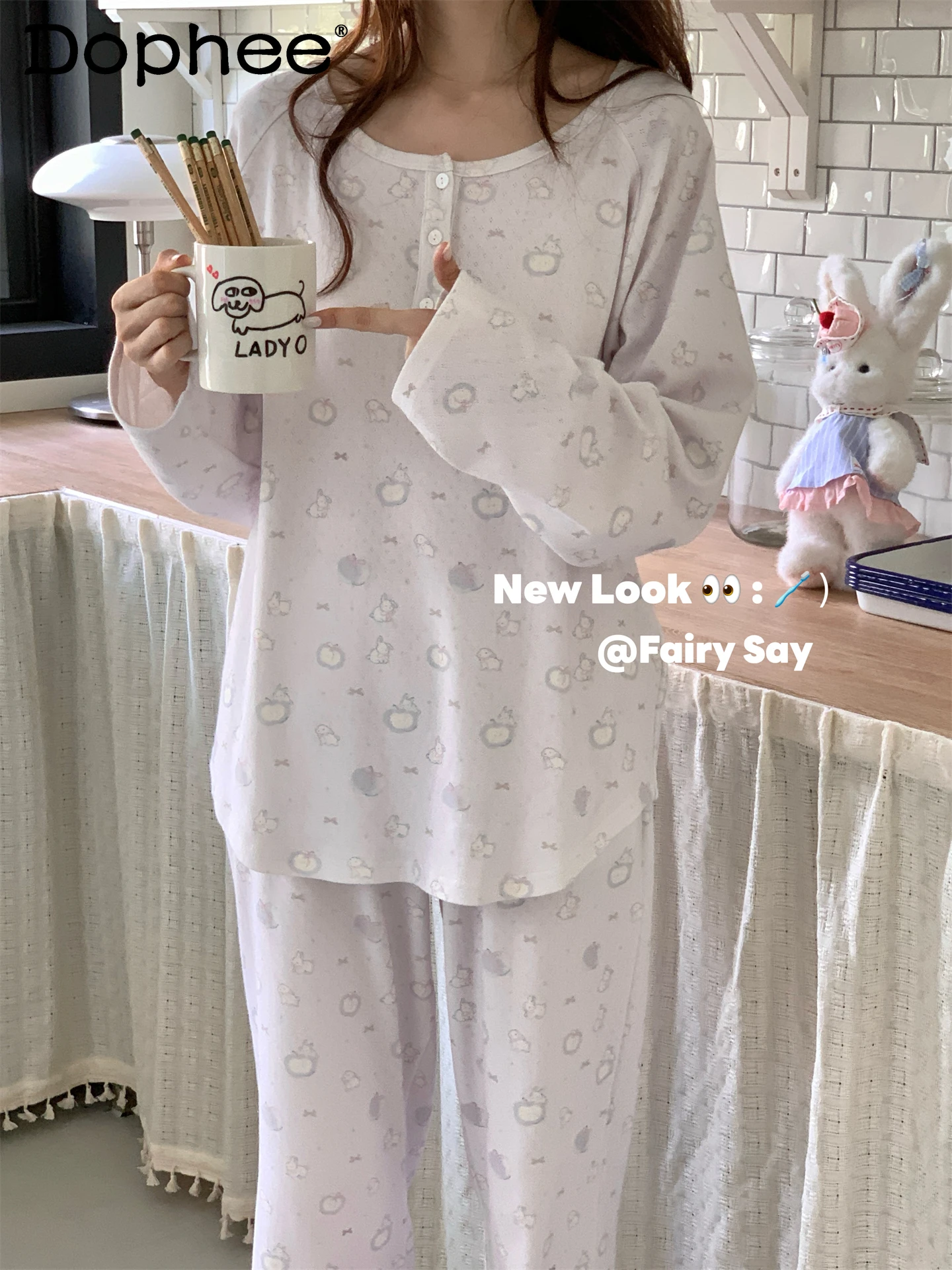 

Осенне-зимний хлопковый пижамный комплект с круглым вырезом и длинными рукавами, милый мультяшный милый комплект для девочек, японский стиль, свободная повседневная домашняя одежда