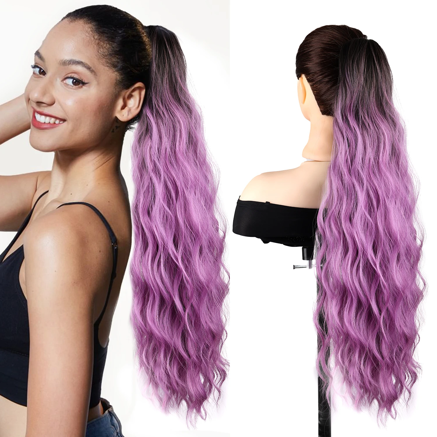 

Синтетические накладные пряди для хвоста на заколке-крабе, омбре: от коричневого до светло-фиолетового, 24 дюйма, с эффектом водной волны, для женщин и девушек