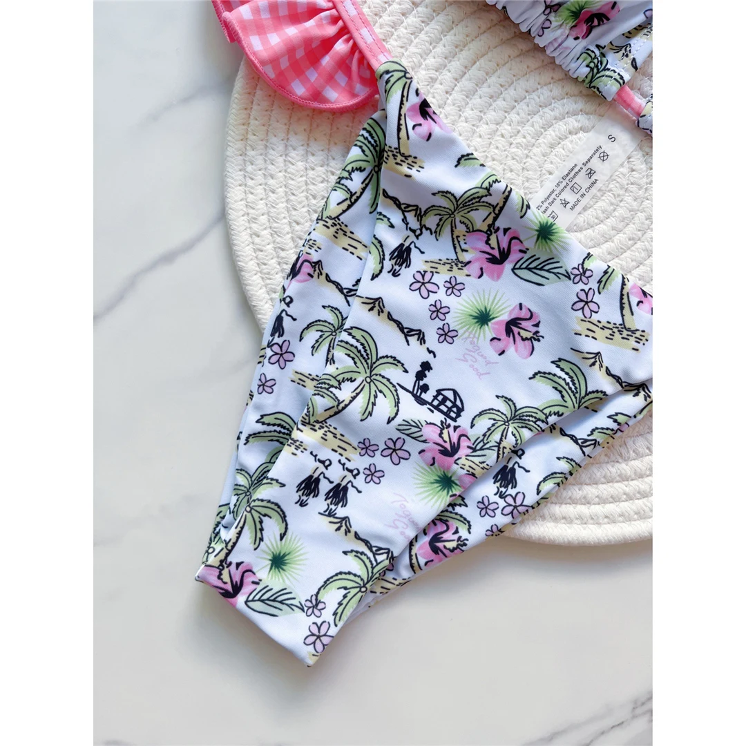 Bedruckter, gerüschter Bikini mit hohem Beinausschnitt, Damen-Badeanzug, zweiteiliges Bikini-Set, Badebekleidung, Badeanzug, Modell V6050. – Detail 8