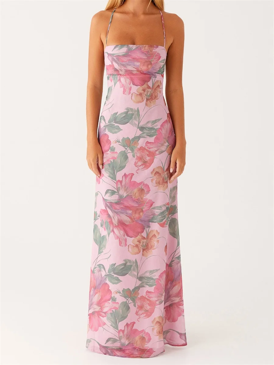 ผู้หญิงชุดยาวดอกไม้พิมพ์ชุด Cami ฤดูร้อน CROSS Tie-Up Backless แฟชั่นสปาเก็ตตี้ชุดสายคล้อง