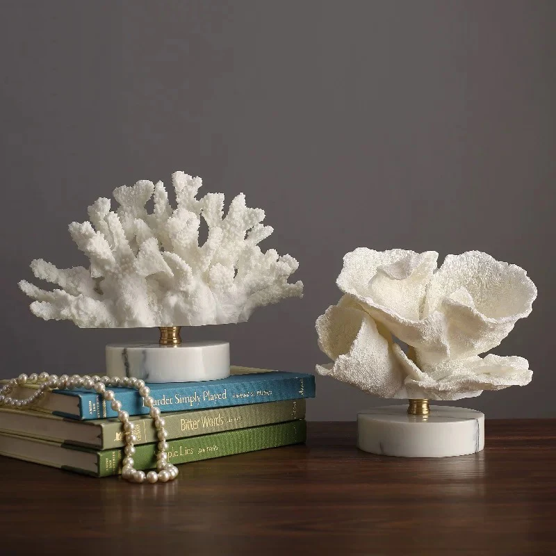 

Creativity Resin Artificial Coral Handicraft Furnishings White Marble Base Home Decoration Simulation Animal