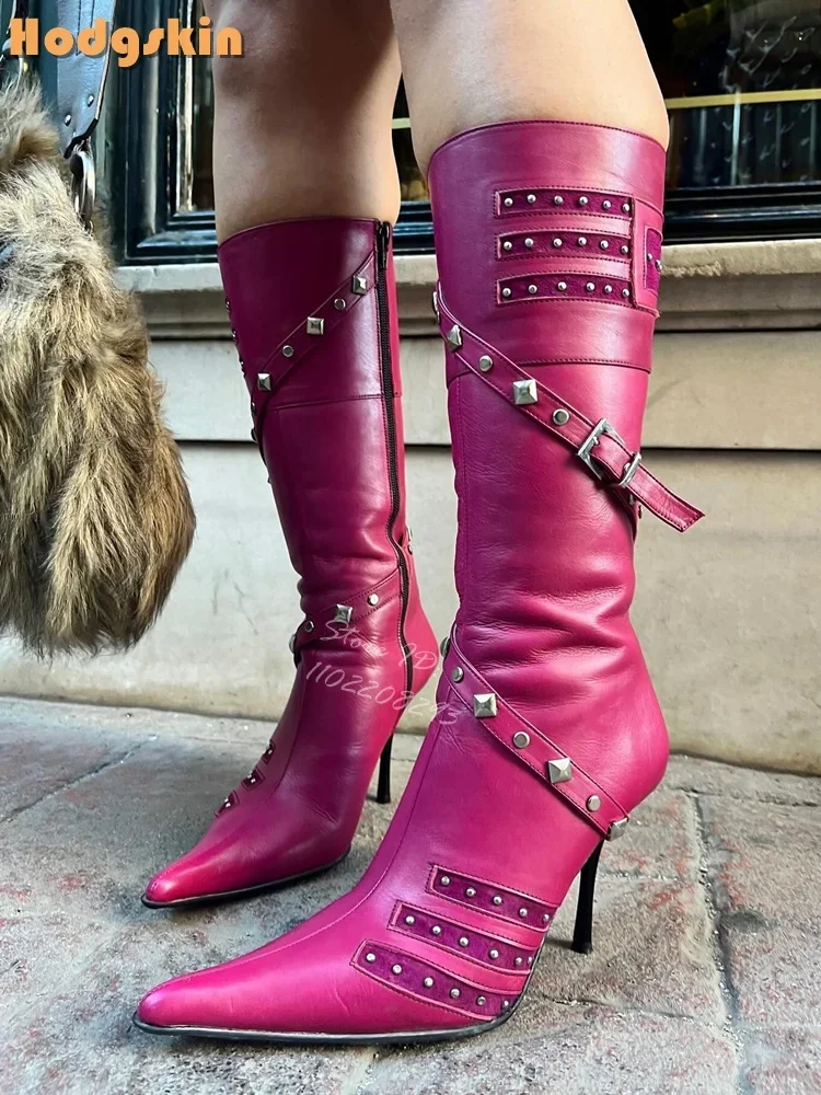 

Sexy Rose Red Pointed Boots Metal Decor Belt Straps Knee-high Boots 2025 Fashion Hot Girl Side Zipper Spring New Modern Shoes