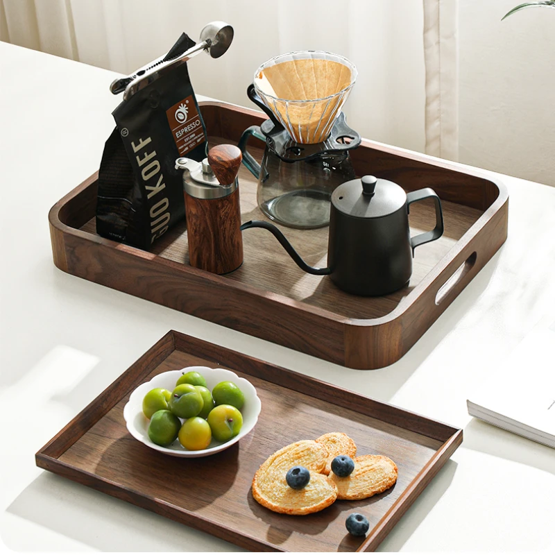 Carrying Handle Walnut Tray Rectangular Wooden Tea Tray Light Luxury High-grade Coffee Plate Solid Wood Cake Snack Tray