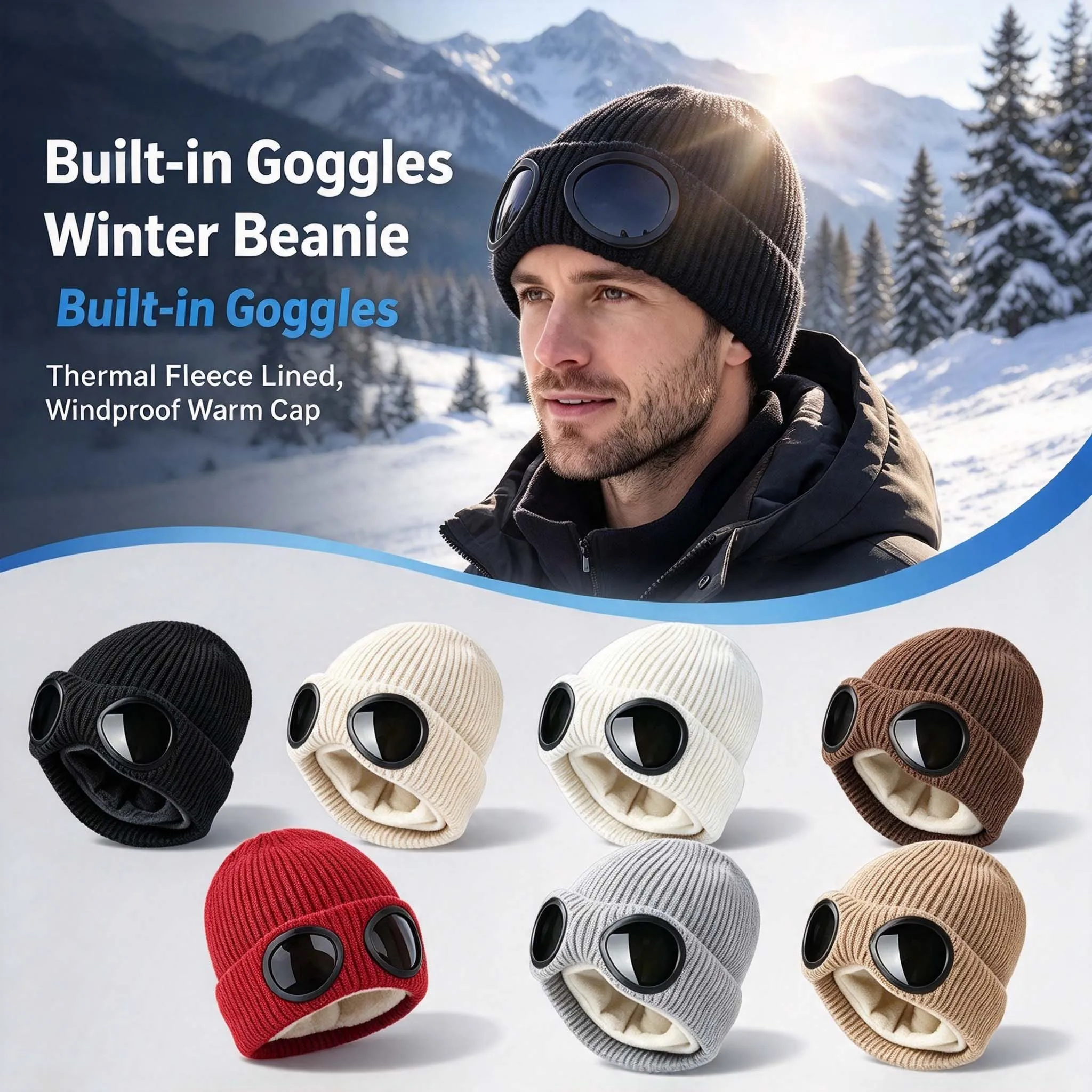 Fleece Lined Ear Flap Winter Beanie Hat Knitted Windproof Goggles Design Thermal Cap for Men Women Outdoor Skiing Sports
