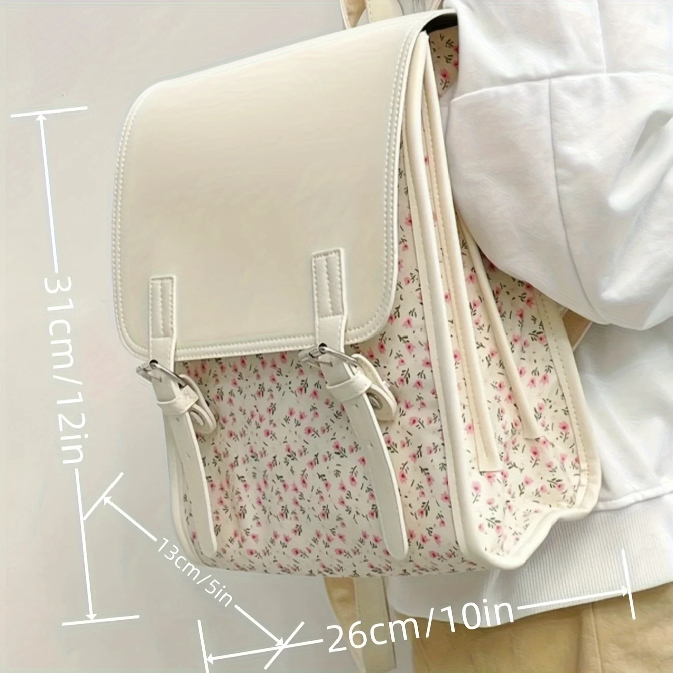 Ladies' Floral Print And PU Leather Lightweight Casual Style With Buckle Closure, Fashionable University Campus Backpack,