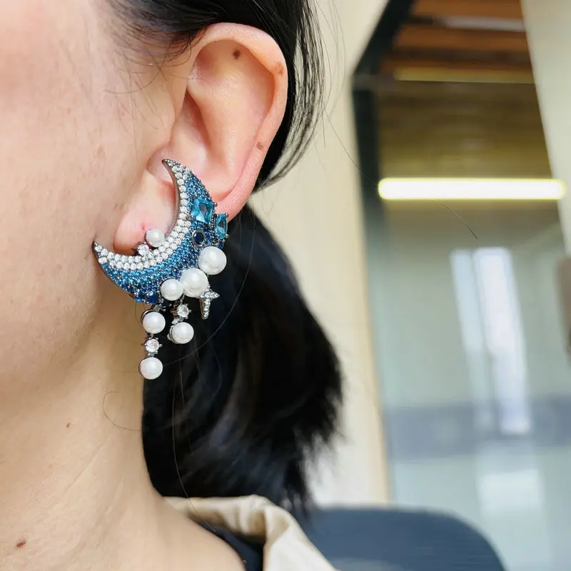 Bilincolor Royal Blue Cubic Zirconia and White Pearl Moon Earring for Women