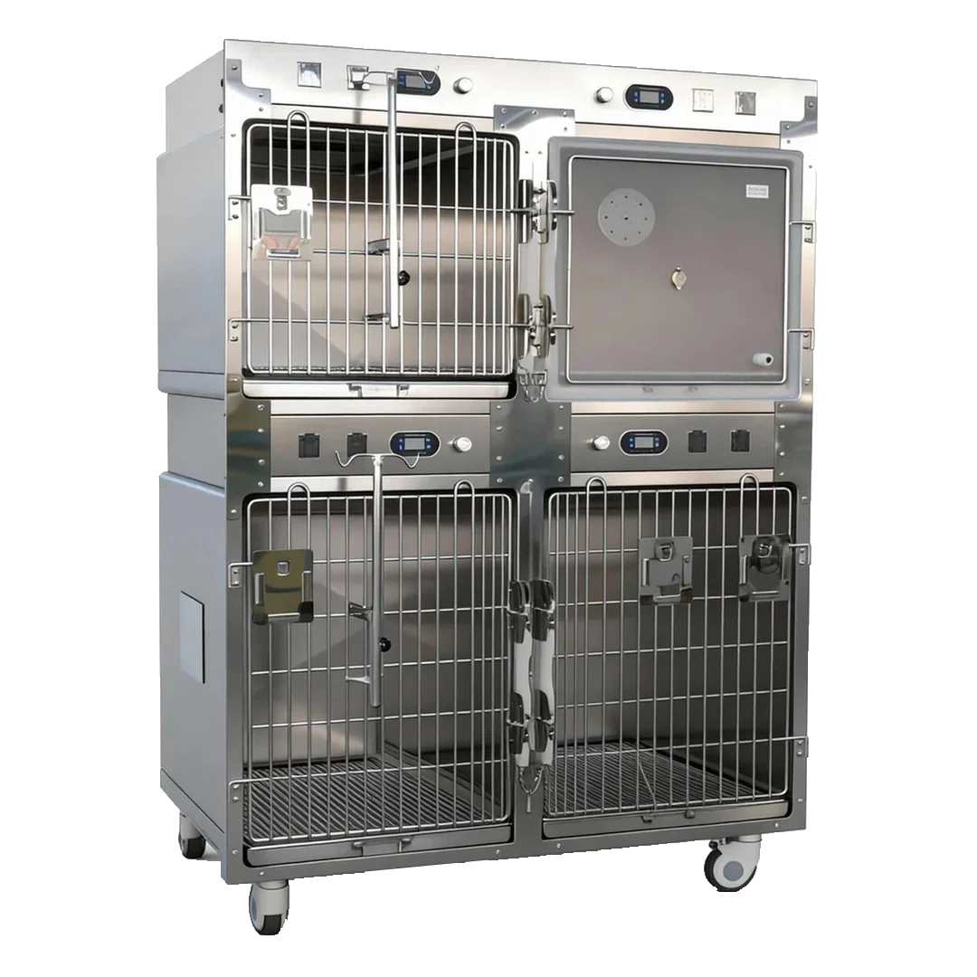【Hot】Veterinary Oxygen Therapy Kennel Infrared Warming  Cage 4 Compartment Stainless Steel Hospital Cage