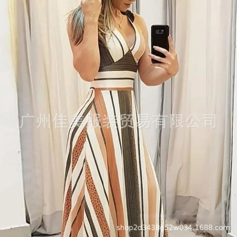 Women Fashion Dress 2024 Spring/summer Latest European American Leisure Commuter Sleeveles Stripe Printed Color Block Long Dress