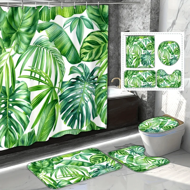 1/4pcs Green Leaf Pattern , Bathroom Full Set Including Waterproof Shower Curtain, Non-Slip Mat, Toilet Lid Pa