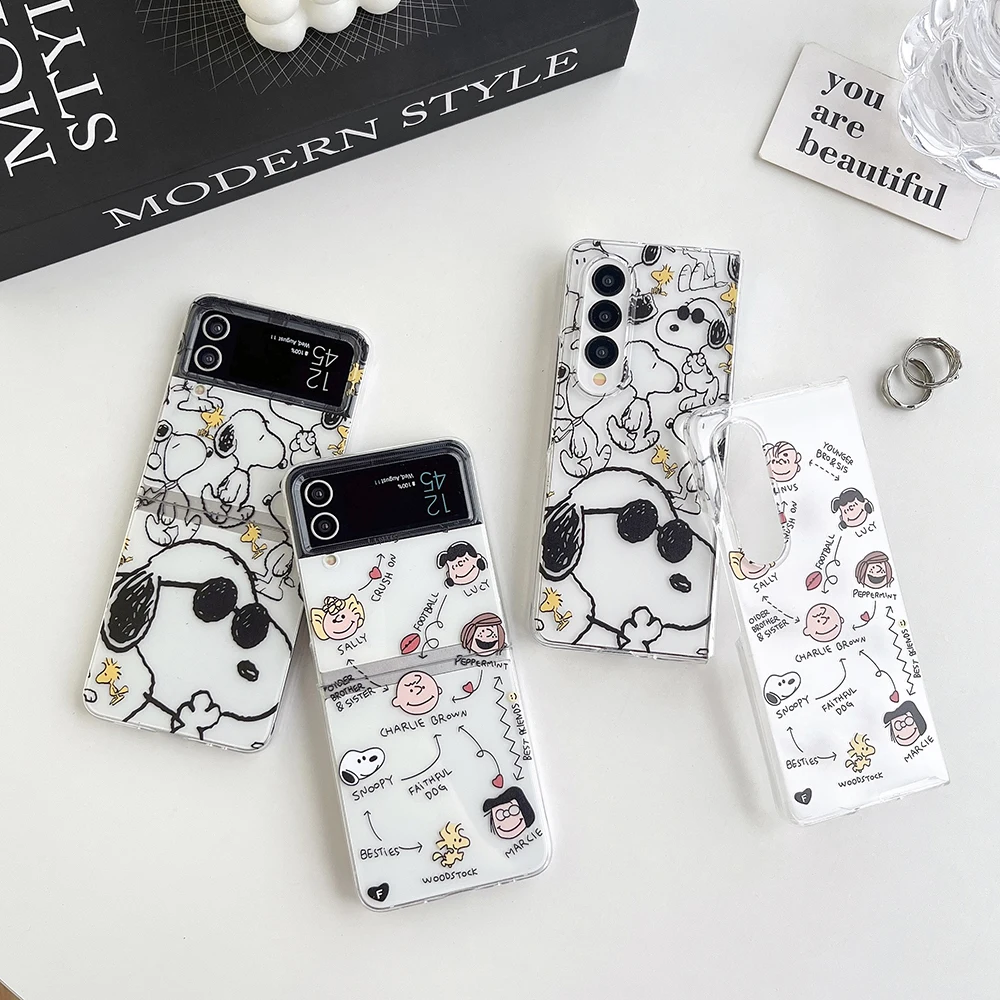 3D Cute Cartoon Peanuts Snoopy Charlie Brown Phone Case For Samsung Galaxy Z Flip 6 5 5G 4 3 Soft Silicone Cover With Lanyard 