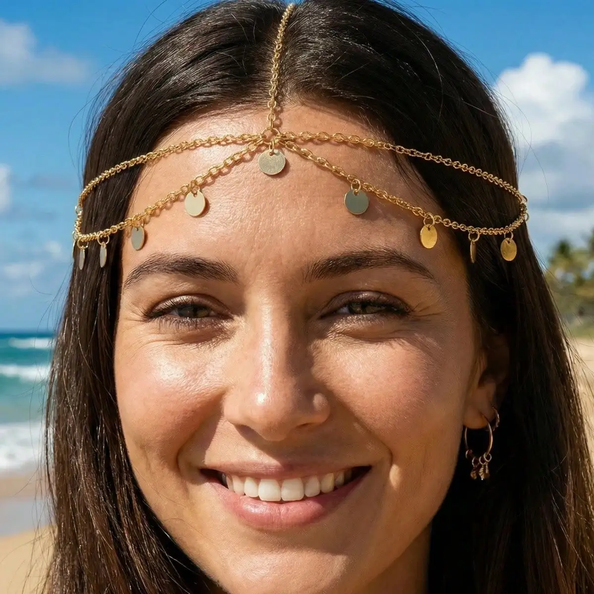 

Indian Hair Jewelry Trendy Simple Gold Color Metallic Sequin Tassel Head Chain For Women Dance Party Wedding Accessories