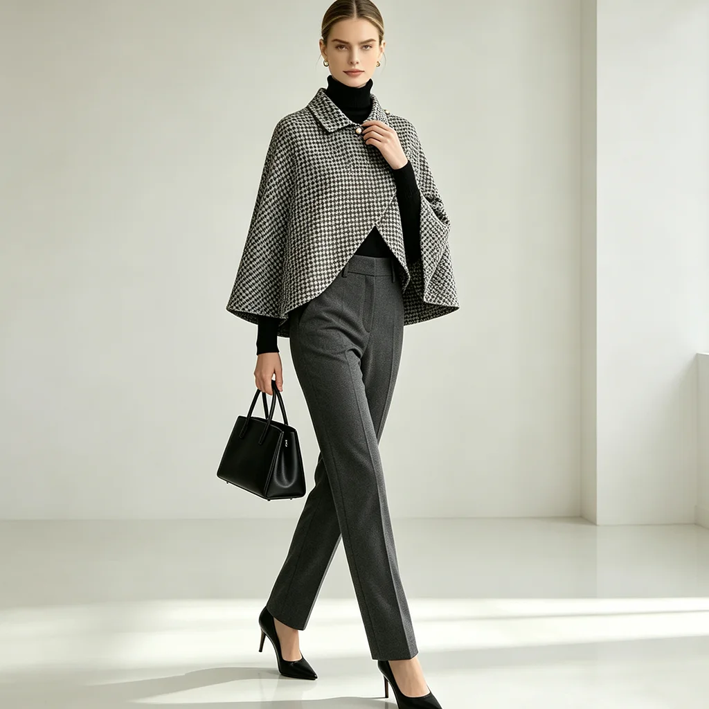 Women's Short Coat with Lace-Edge Pattern and Blended Fabric, with a Turned-Up Collar and Batwing Sleeves. It Has an Elegant Sty