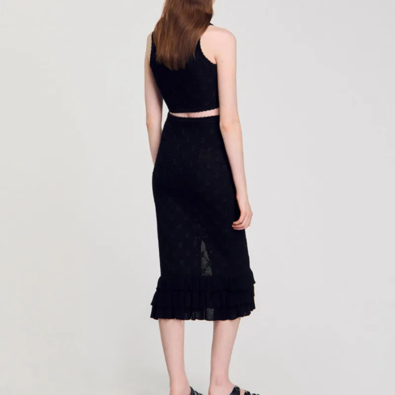 CHUJIE Jacquard Top & Skirt Set Black Slim Fit Sleeveless Split Hem Two-Piece Outfit SS25