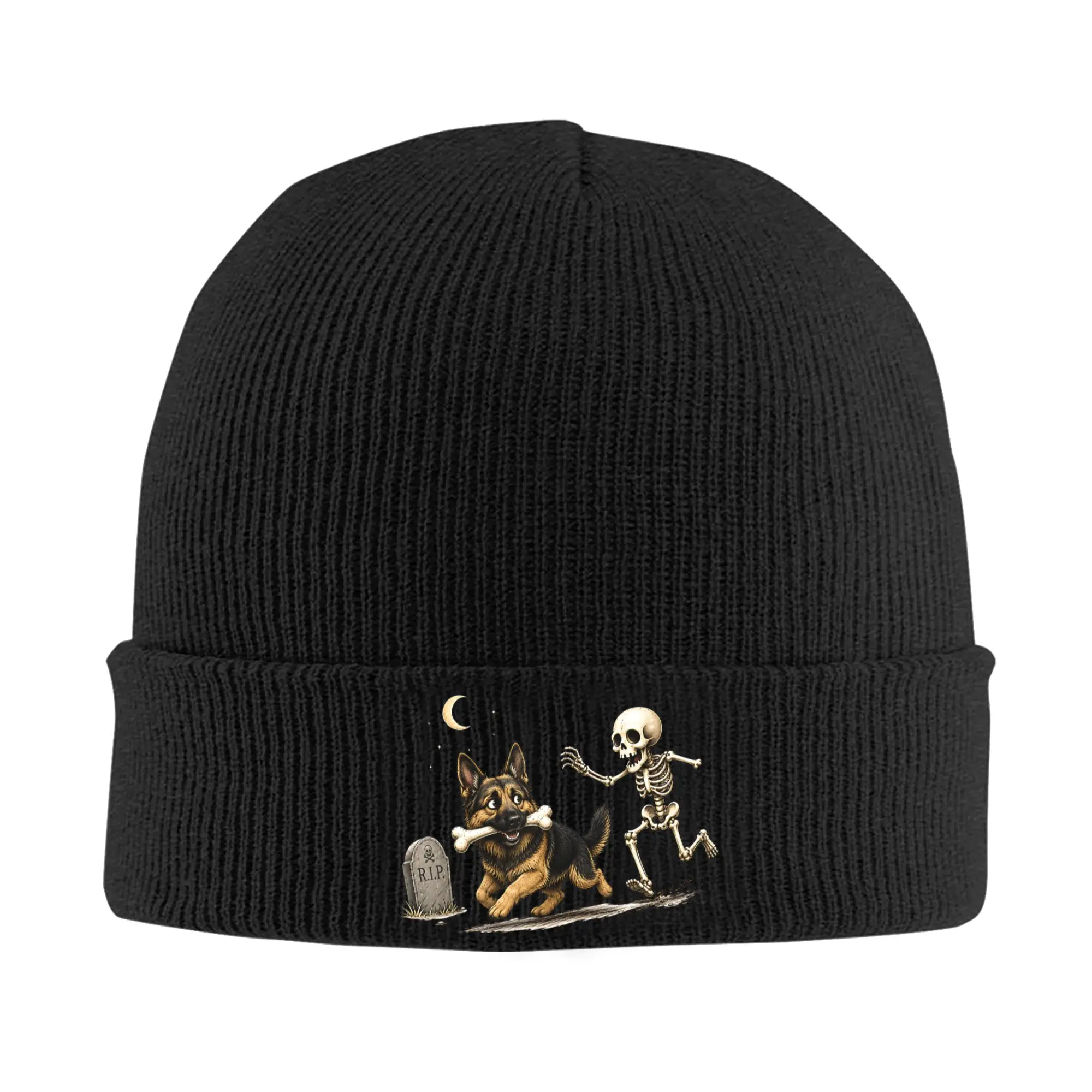 Funny Skeleton Chasing German Shepherd Halloween Dog Knit Hat Beanies Autumn Winter Hat Warm Unisex Casual  Caps Men Women Gifts