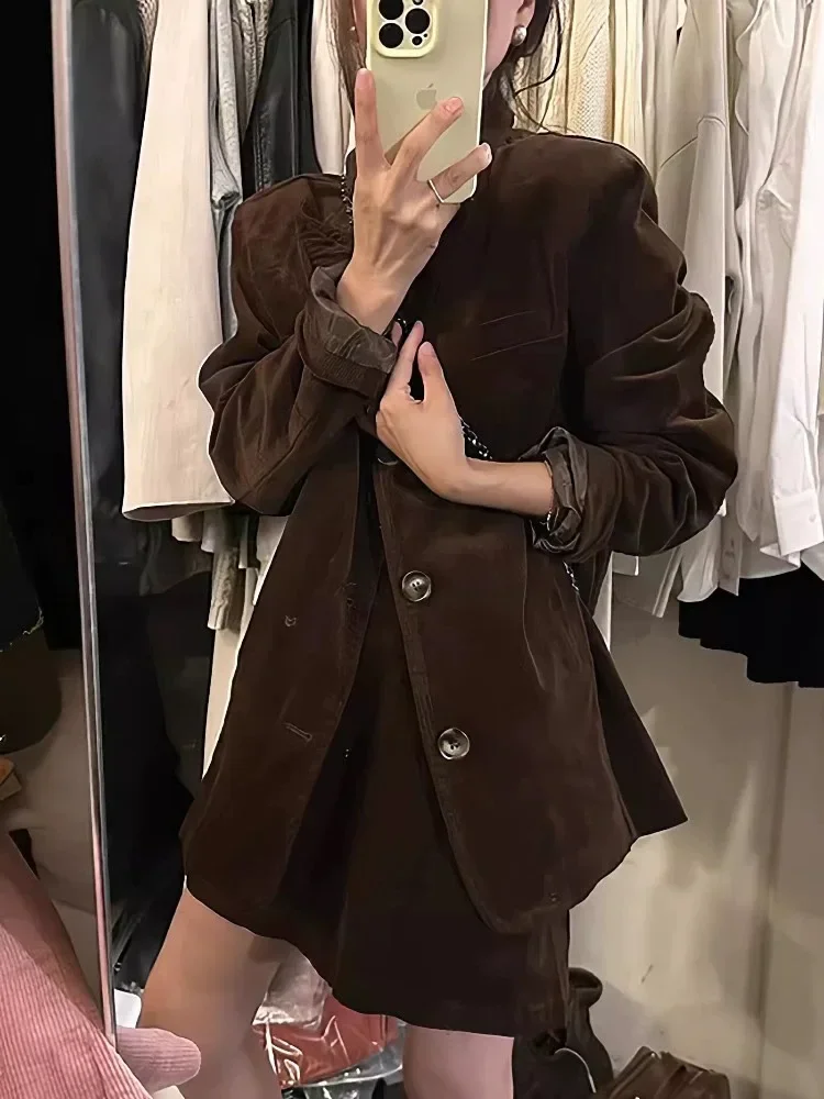 UNXX Autumn British Style Short Velvet Blazer Coat Skirt Suits Retro Casual Solid Loose Fitting Coat Skirt Two-piece Set Women's